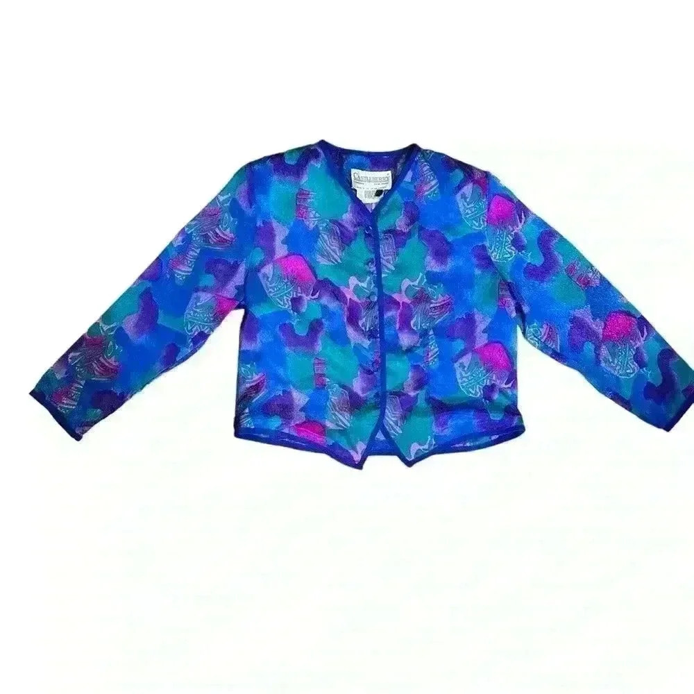 VTG Castleberry Womens Jacket Blazer Blue Purple Satin Button Down S/M - Picture 5 of 10